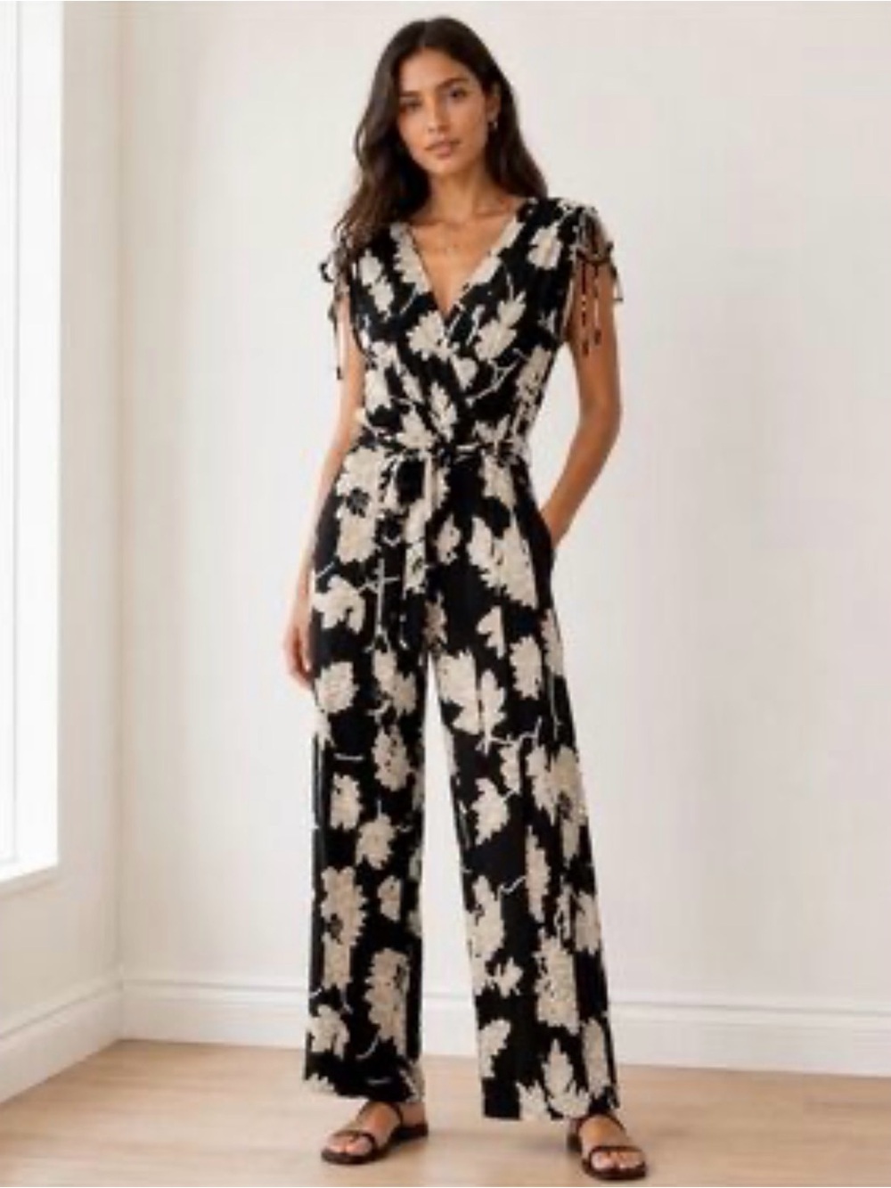 Ariella Black and Cream Floral Wrap Wide Leg Jumpsuit Romantic Size S NWT